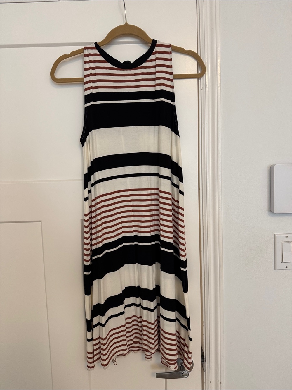LOFT Striped Sleeveless Mini Shift Dress in Black, White & Brown